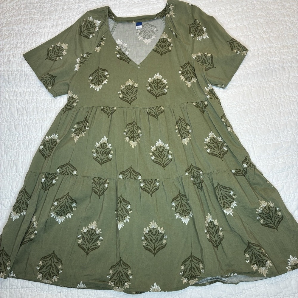 Old Navy Swing Dress Sz L Green Floral Tiered V-Neck Mini‎ Short Sleeve Cottage